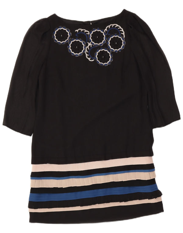 MONSOON Vestido feminino manga 3/4 com bainha UK 12 listrado preto médio