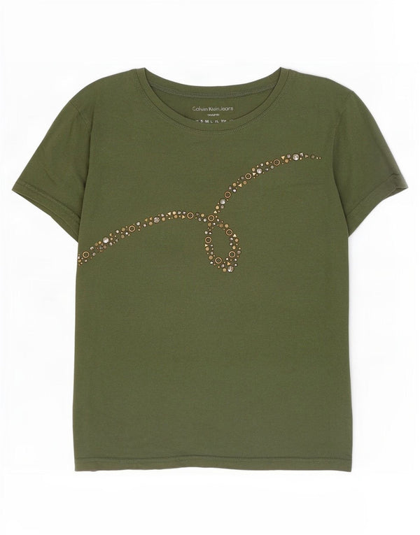 Calvin Klein Camiseta Feminina Crop Graphic Top Reino Unido 10 Pequeno Algodão Verde