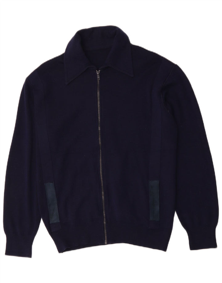 Suéter cardigã masculino vintage de lã azul marinho médio