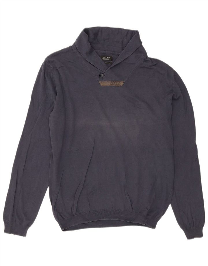 Zara Suéter masculino com gola xale e algodão azul marinho médio