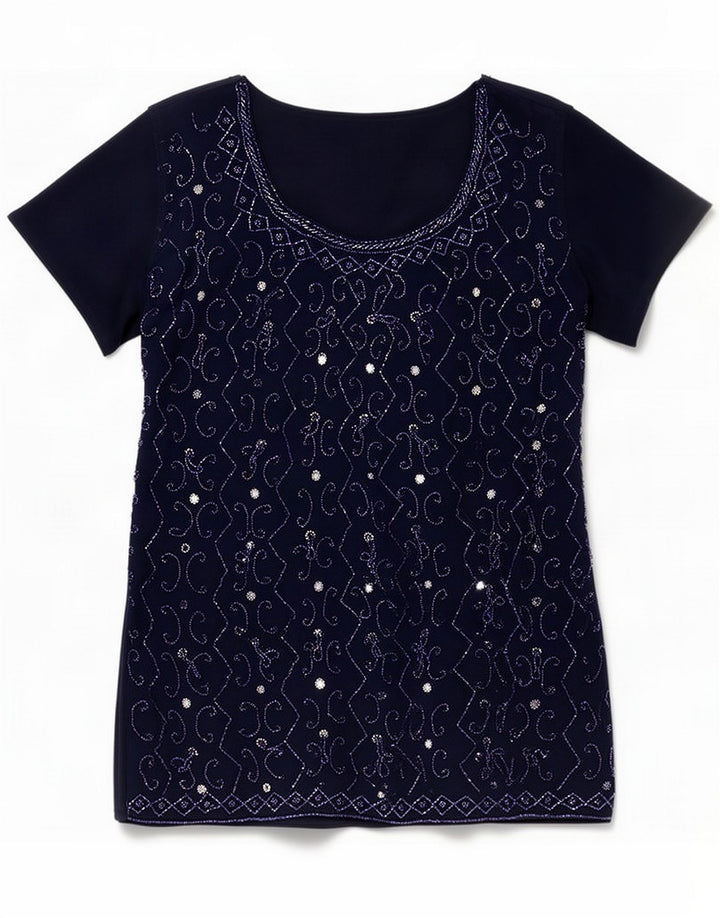 Blusa feminina vintage com padrão abstrato UK 12 Azul marinho médio