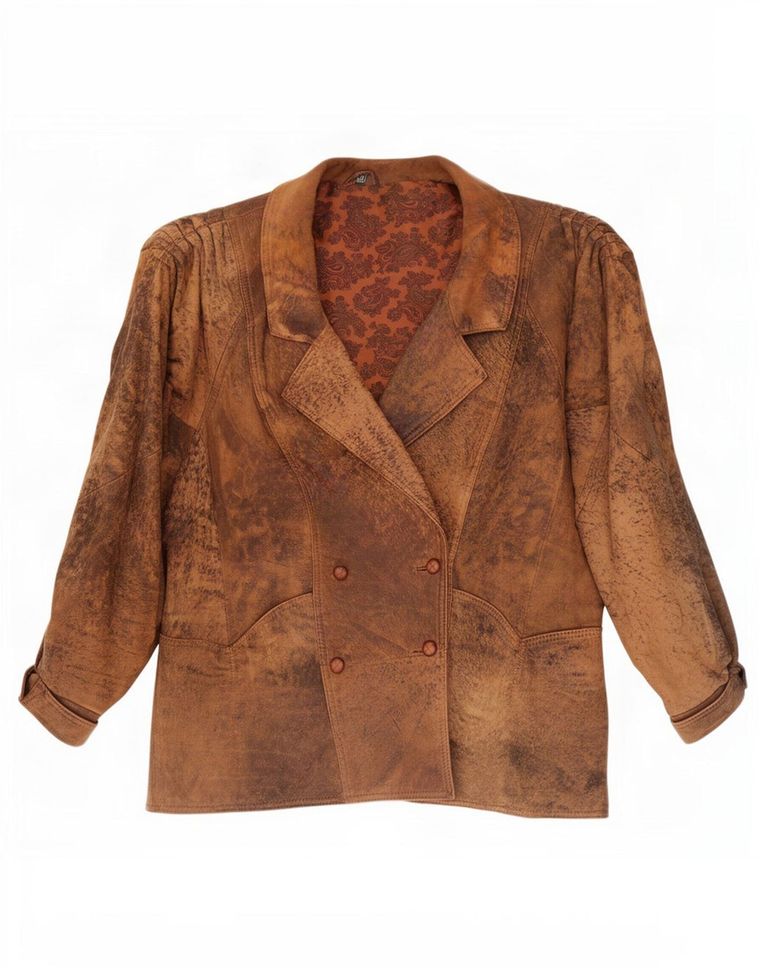 Jaqueta feminina vintage de couro com peito duplo grande UE 46 XL marrom