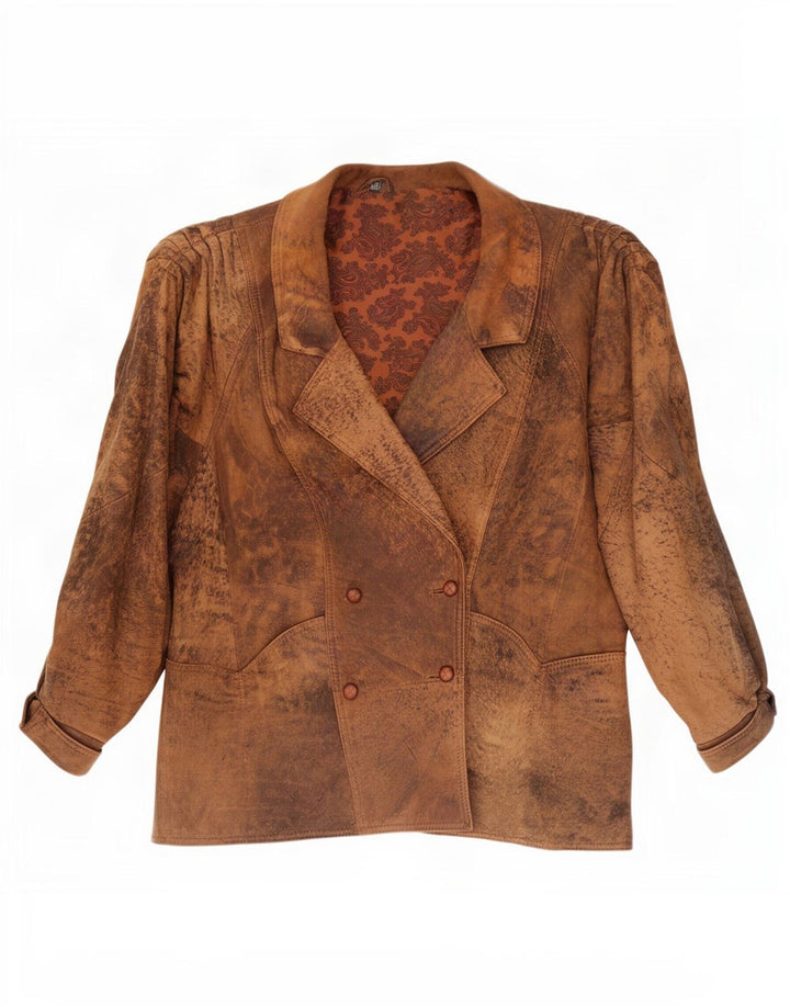 Jaqueta feminina vintage de couro com peito duplo grande UE 46 XL marrom