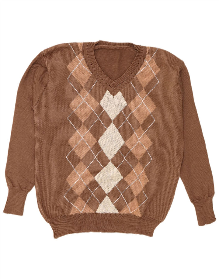 Suéter feminino vintage com decote em V grande marrom argyle/poliéster diamante