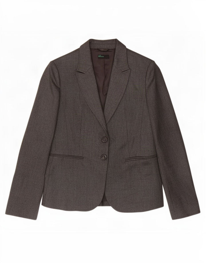 Jaqueta blazer feminina de 2 botões Benetton Reino Unido 10 pequena espinha de peixe cinza