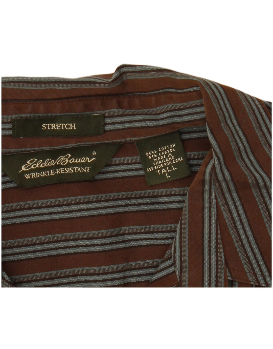 Camisa alta feminina Eddie Bauer Reino Unido 16 grande algodão listrado marrom