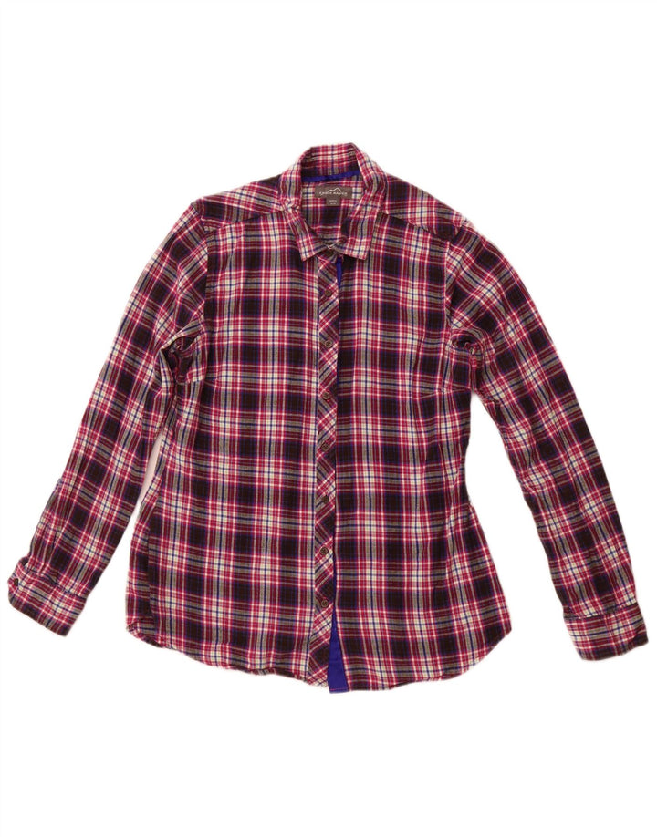 Camisa feminina de flanela EDDIE BAUER Reino Unido 12 algodão xadrez roxo médio