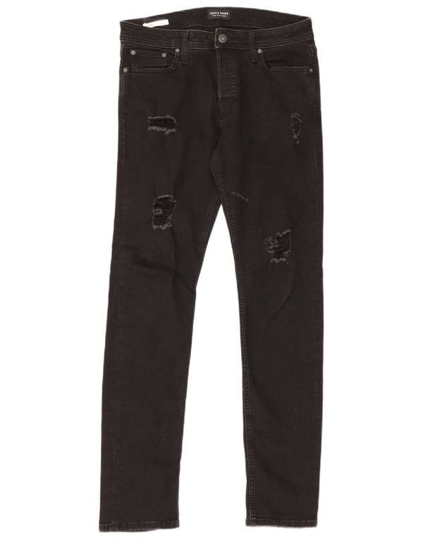 Jack & Jones Mens GLENN Distressed Slim Jeans W31 L32 Algodão Preto