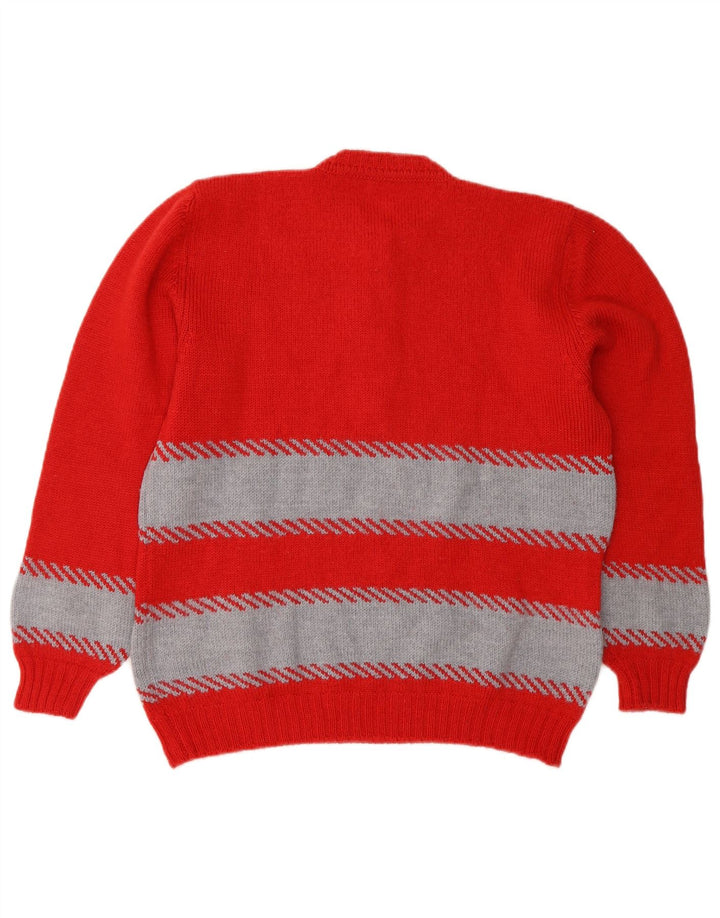 Suéter feminino vintage com gola redonda e botão UK 14 listrado vermelho médio