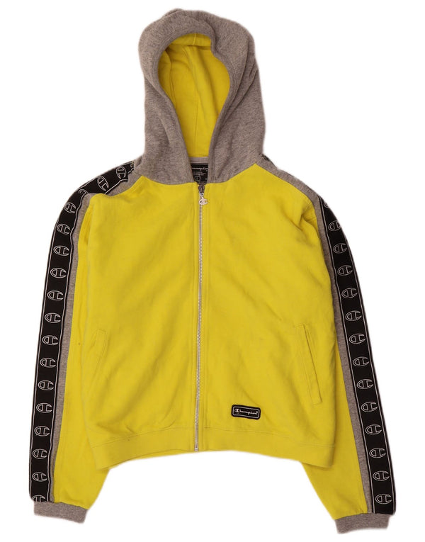 Suéter feminino Champion com capuz e zíper gráfico UK 16 grande bloco colorido amarelo