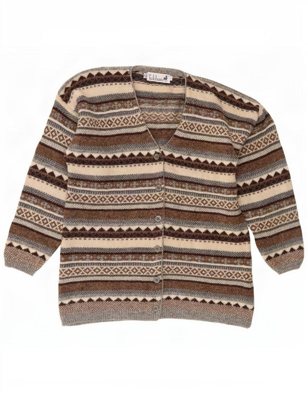 Suéter cardigã feminino Tulchan Reino Unido 14 marrom médio Fair Isle New Wool