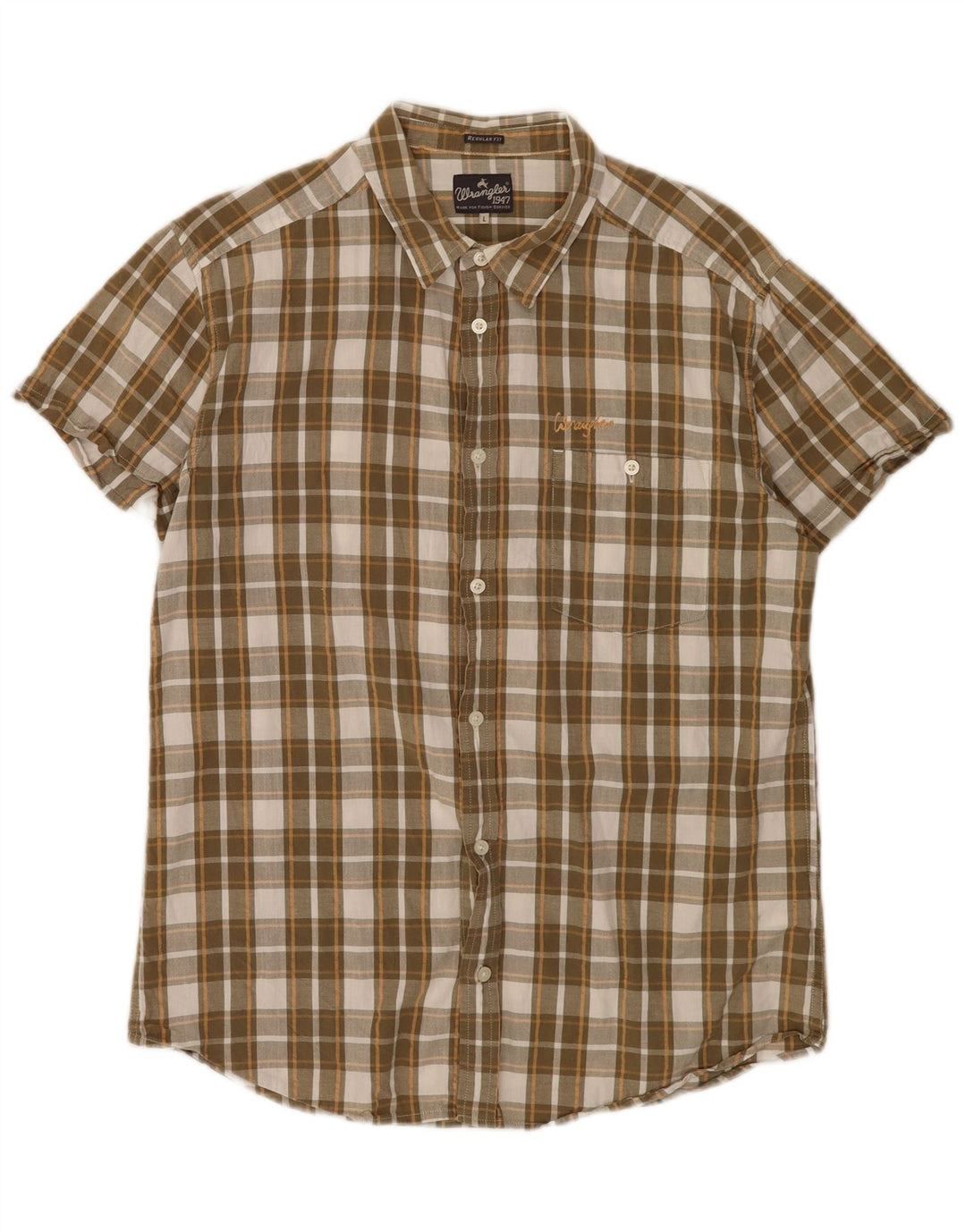 Wrangler Camisa masculina de manga curta regular fit grande algodão xadrez marrom