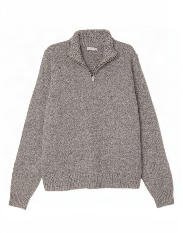 Suéter masculino Marks & Spencer com zíper e gola em lã cinza médio