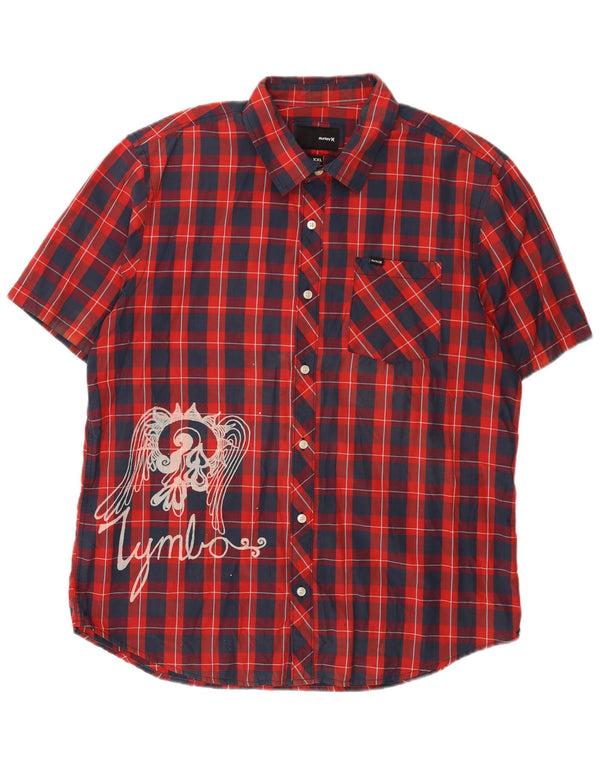 Camisa masculina Hurley de manga curta gráfica 2XL algodão xadrez vermelho