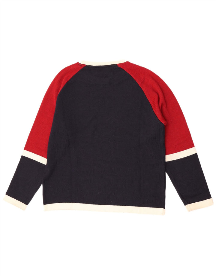 Suéter vintage masculino com gola redonda, pequeno, azul marinho, lã colorblock