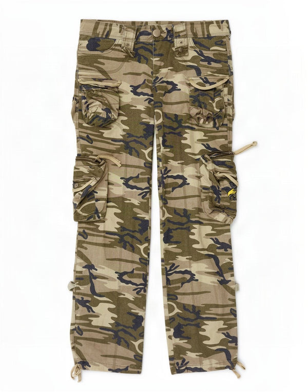 Calças cargo retas femininas vintage W31 L33 algodão camuflado cáqui