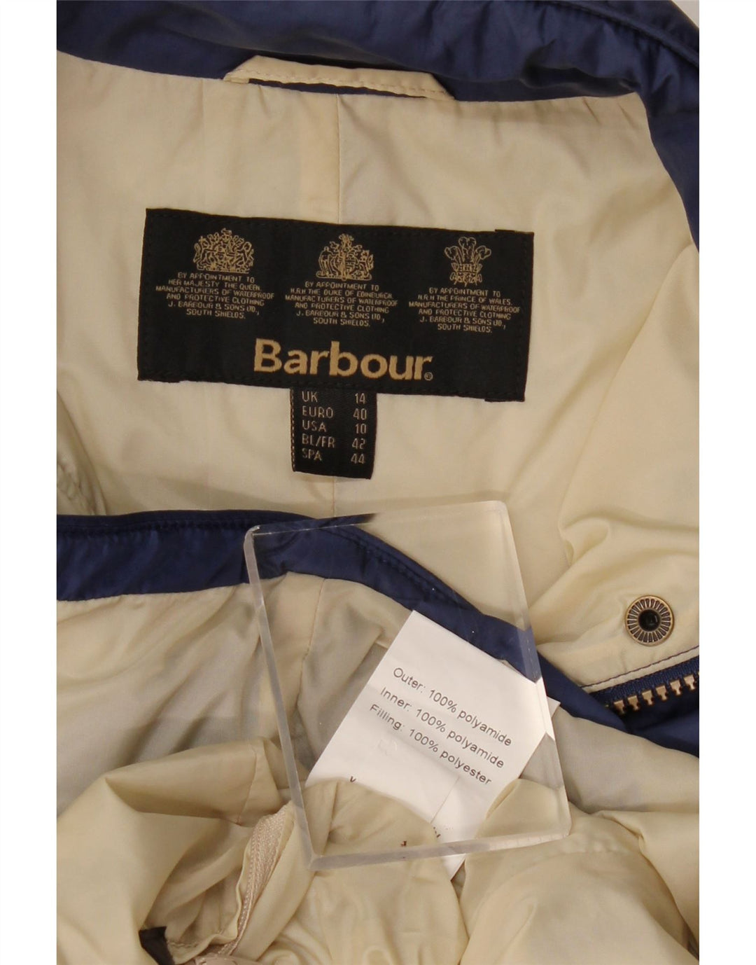 Jaqueta acolchoada feminina Barbour UK 14 grande azul marinho poliamida