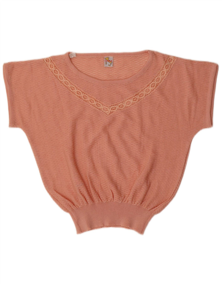 Suéter feminino VINTAGE de manga curta com gola canoa Reino Unido 14 médio rosa