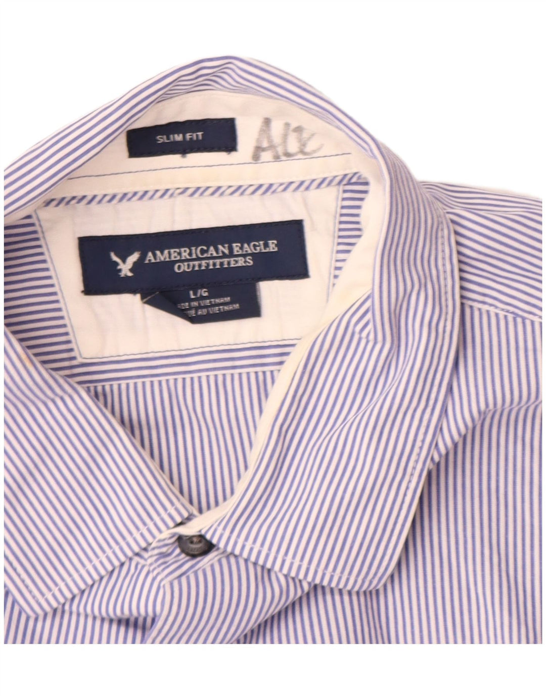 Camisa masculina American Eagle Slim Fit grande algodão listrado azul