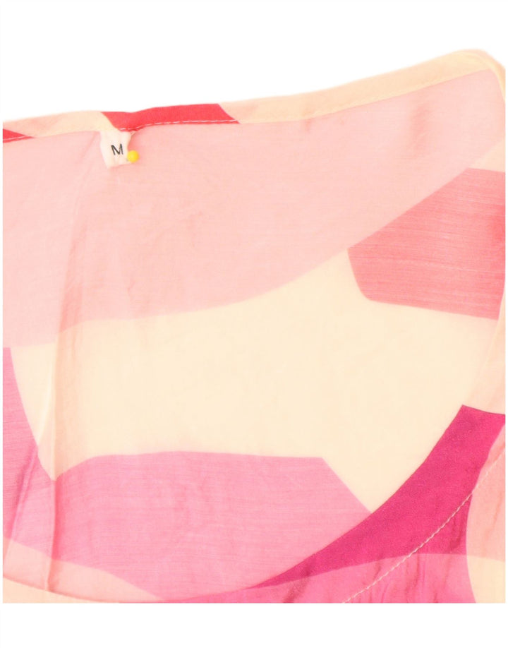Blusa feminina vintage transparente com estampa gráfica UK 14 bloco colorido rosa médio