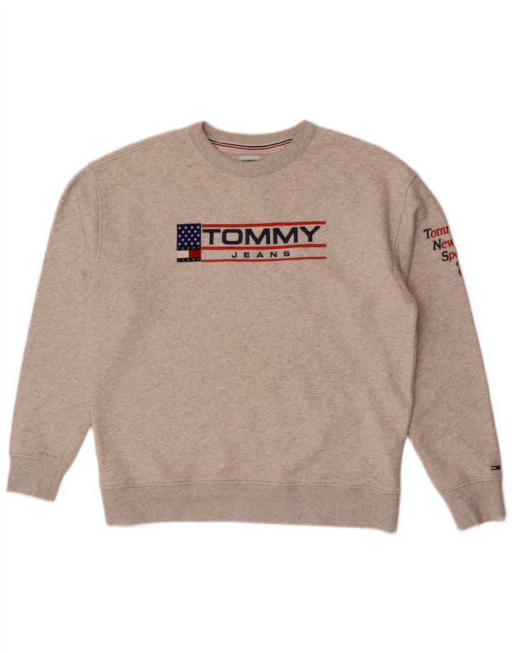 Tommy Hilfiger moletom gráfico masculino jumper médio cinza algodão manchado