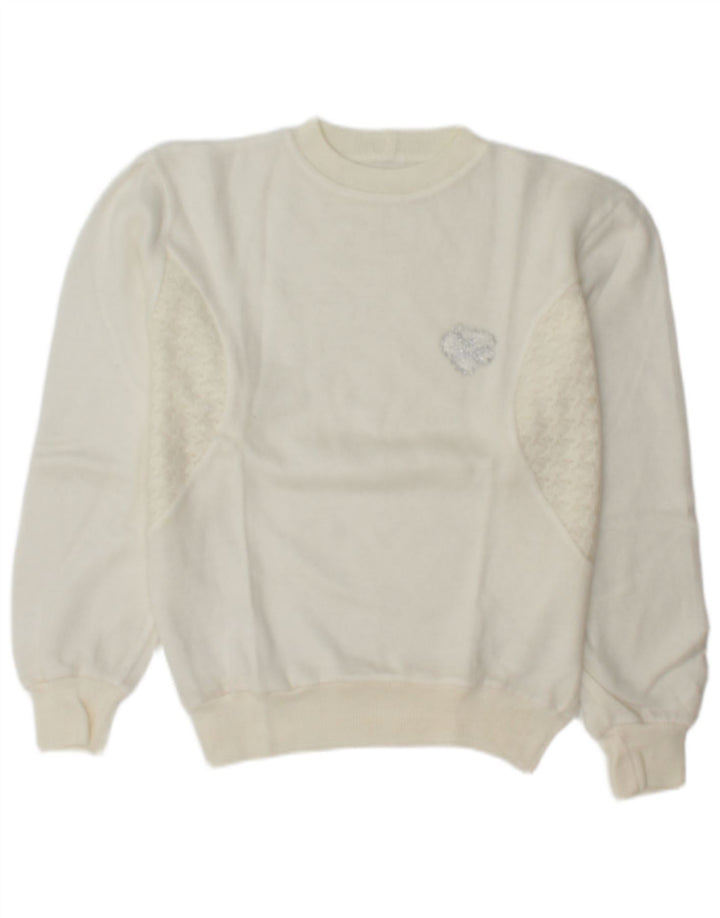 Suéter Vintage Feminino de Malha com Gola Redonda Reino Unido 14 Médio Branco