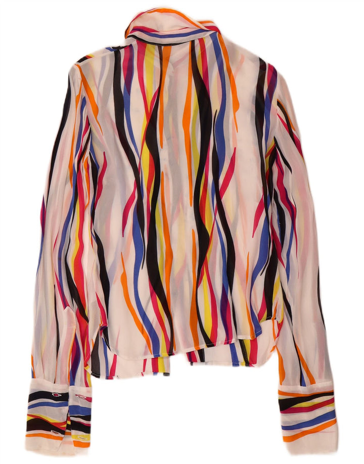 Blusa feminina vintage transparente Reino Unido 10 listrada pequena multicolorida