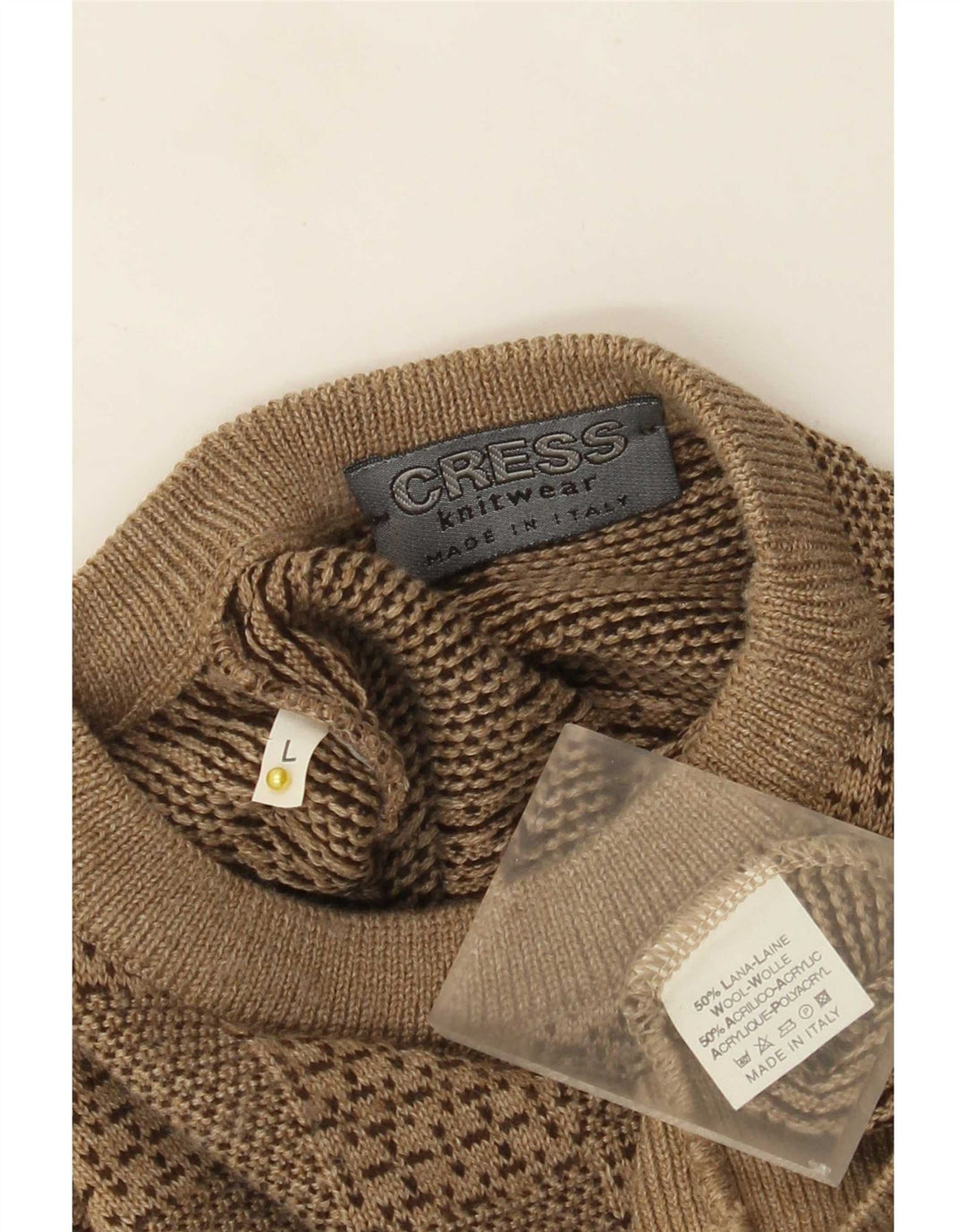 Suéter vintage masculino com gola redonda, lã geométrica bege grande