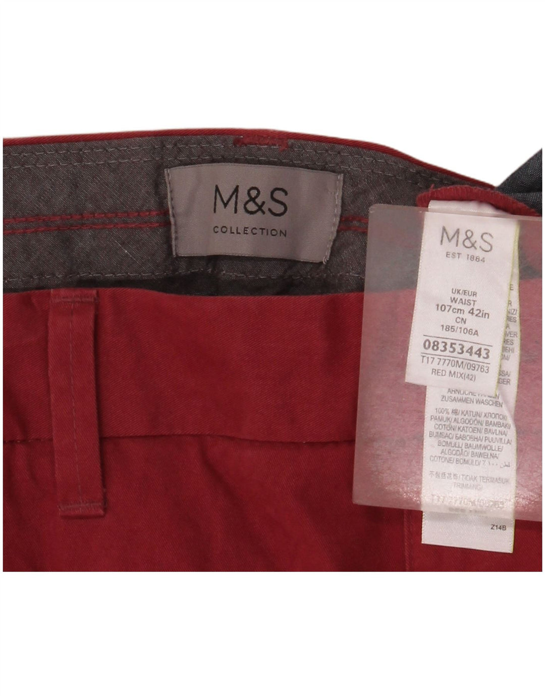 Shorts chino masculino Marks & Spencer W42 2XL algodão vermelho