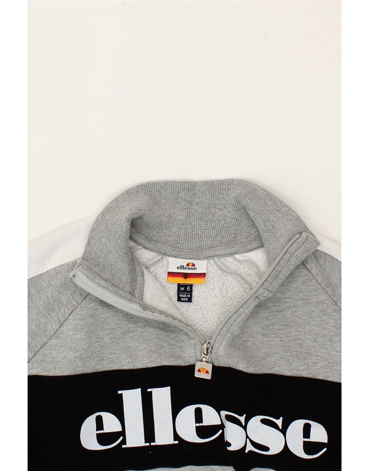 ELLESSE Womens Oversized Graphic Zip Neck Sweatshirt Jumper UK 6 XS Grey Vintage Ellesse and Second-Hand Ellesse from Messina Hembry 