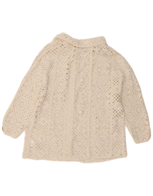 Suéter cardigã de crochê feminino vintage manga 3/4 Reino Unido 18 XL algodão branco