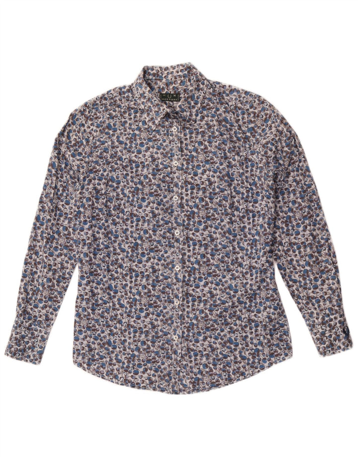 Camisa feminina Fred Perry Reino Unido 14 algodão floral azul médio