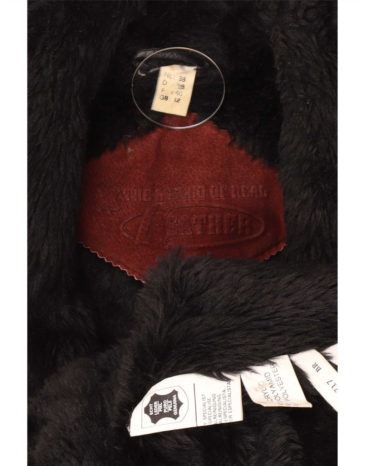 Casaco feminino vintage folgado em shearling Reino Unido 12 bloco colorido marrom médio