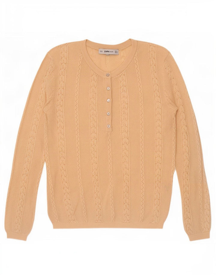 Suéter feminino Zara com gola redonda e botão UK 12 bege médio