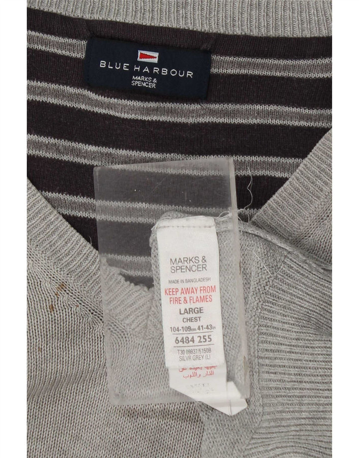 Suéter masculino Marks & Spencer Blue Harbor com decote em V, grande algodão cinza