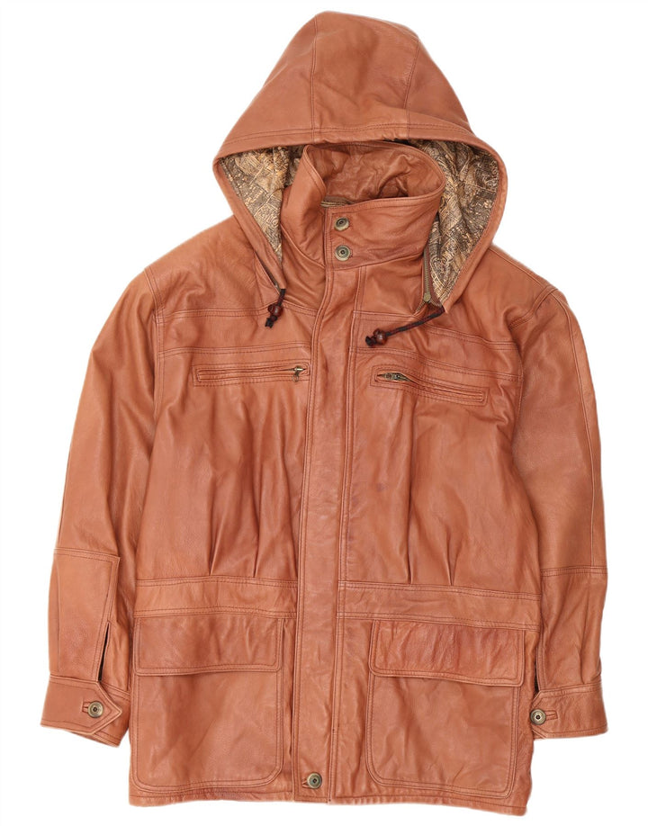 Casaco masculino de couro com capuz VINTAGE IT 48 couro marrom médio