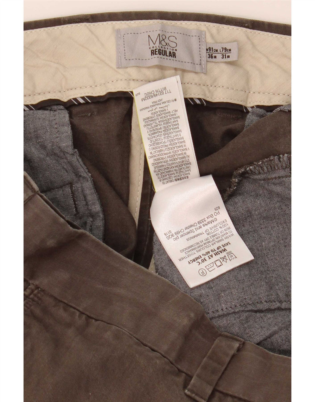 Calça chino masculina Marks & Spencer regular W36 L31 algodão cáqui