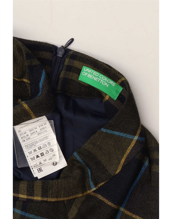 Saia larga feminina Benetton Reino Unido 8 pequena W27 cáqui xadrez viscose