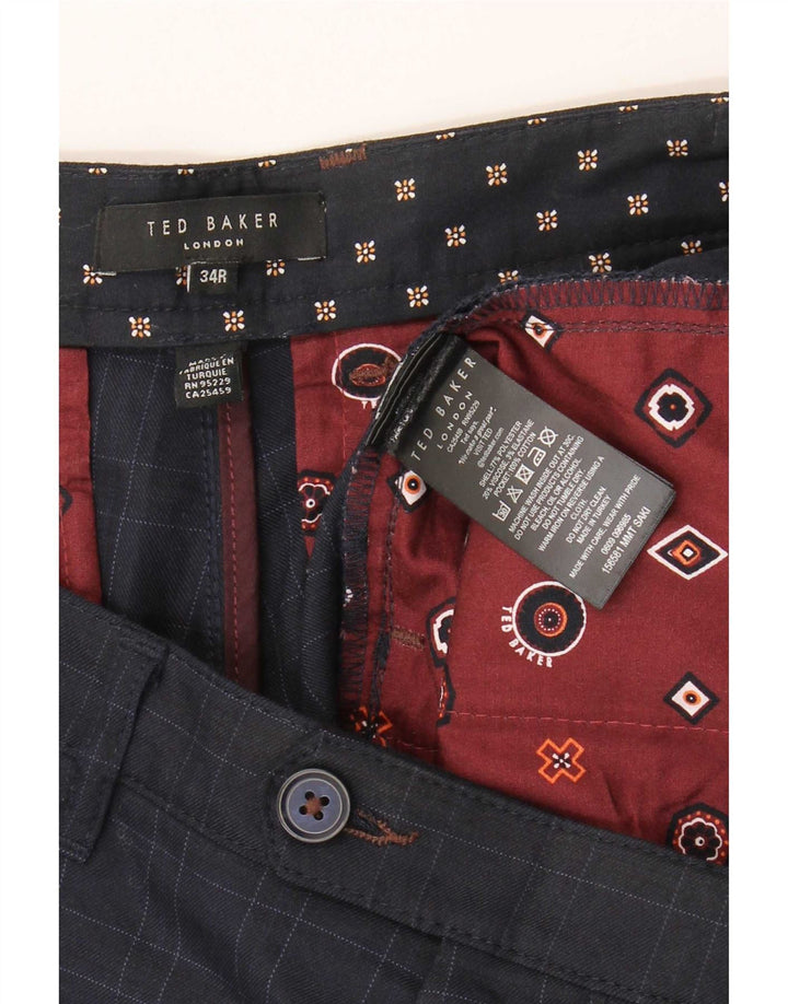 Calça masculina Ted Baker Slim Suit W34 L31 azul marinho poliéster xadrez