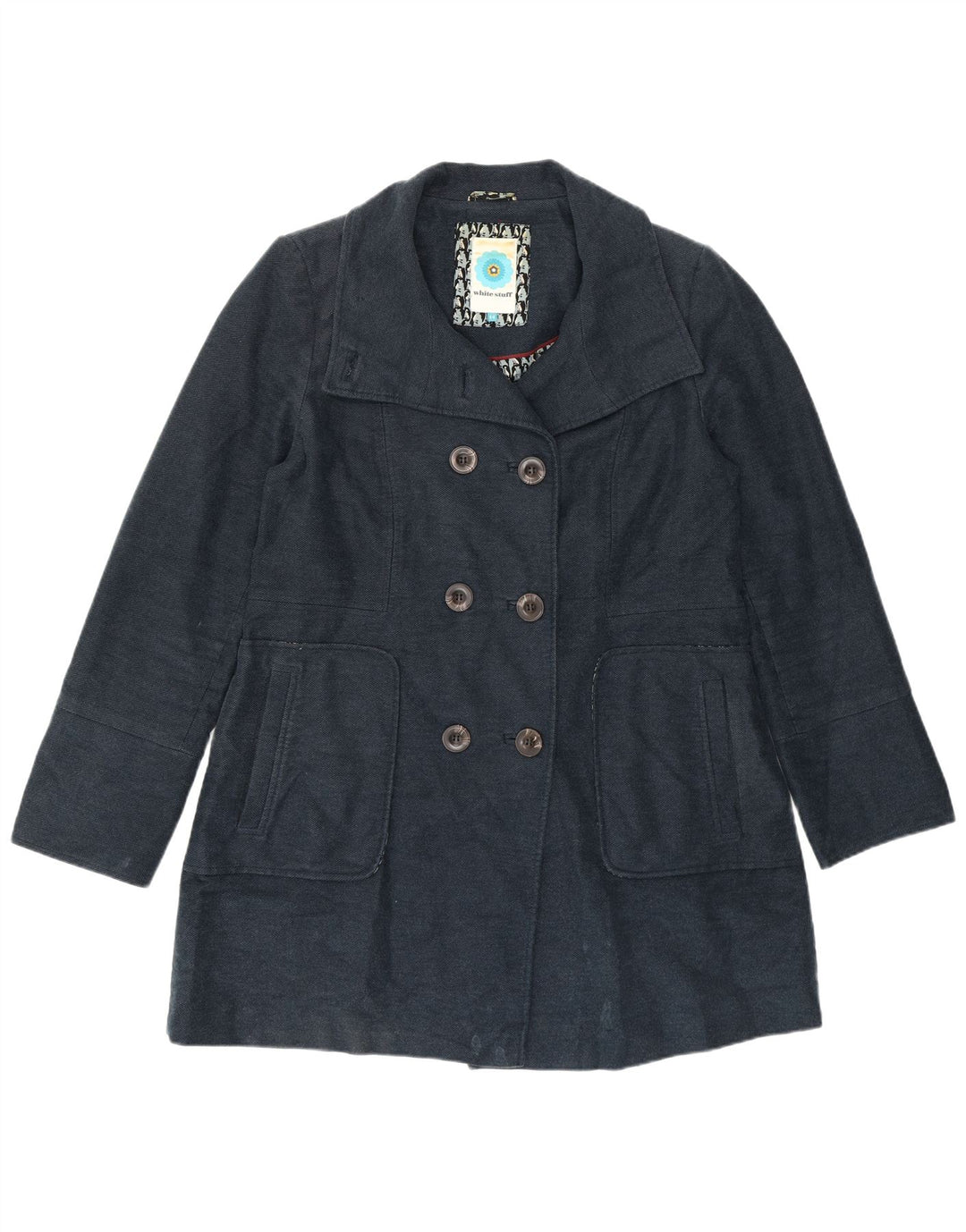 Casaco feminino com peito duplo White Stuff UK 14 algodão azul marinho médio
