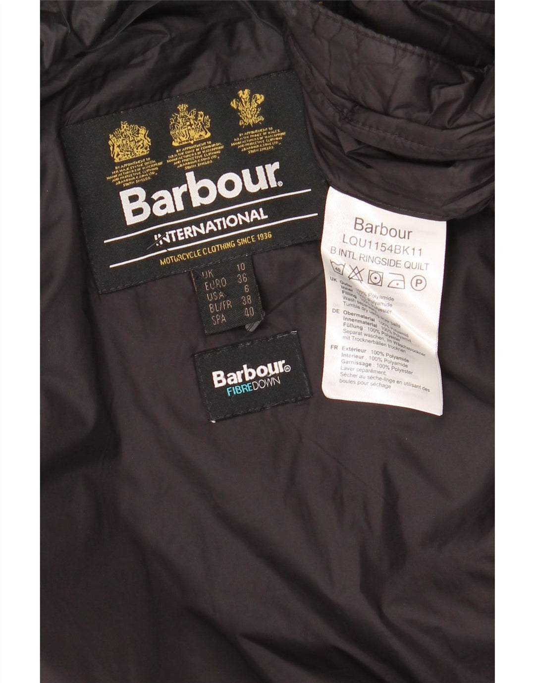 Jaqueta feminina acolchoada com capuz BARBOUR UK 10 pequena poliamida preta