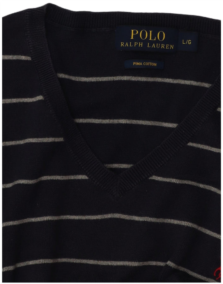 Suéter masculino POLO RALPH LAUREN com decote em V grande listrado azul marinho