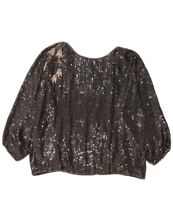 Blusa feminina vintage de manga comprida oversized EU 44/46 XL preto floral