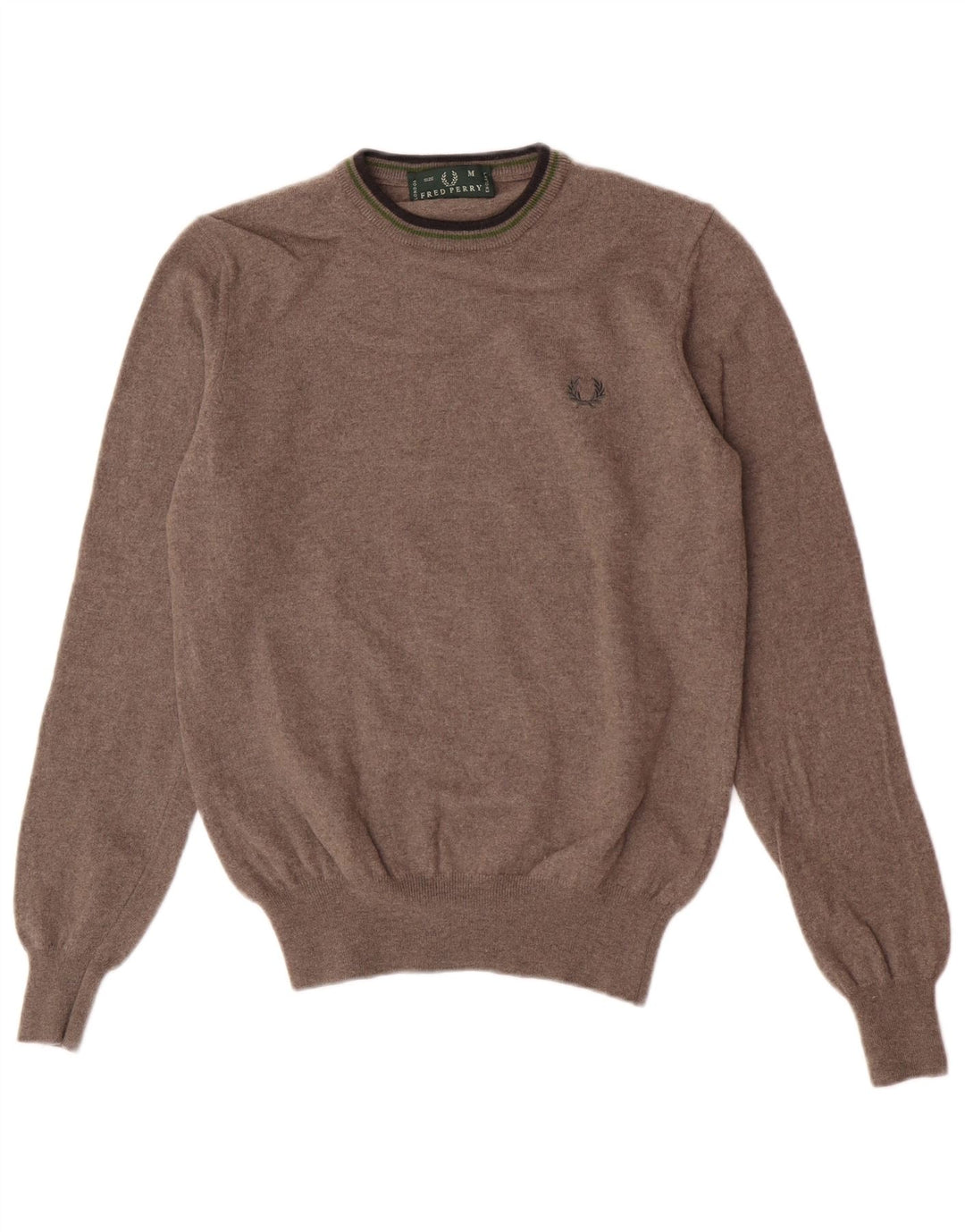 Suéter feminino Fred Perry com gola redonda Reino Unido 12 lã marrom médio