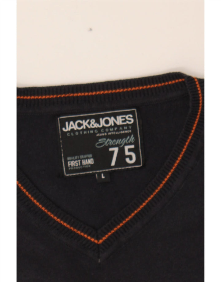 JACK & JONES Mens V-Neck Jumper Sweater Large Navy Blue Cotton Vintage Jack & Jones and Second-Hand Jack & Jones from Messina Hembry 