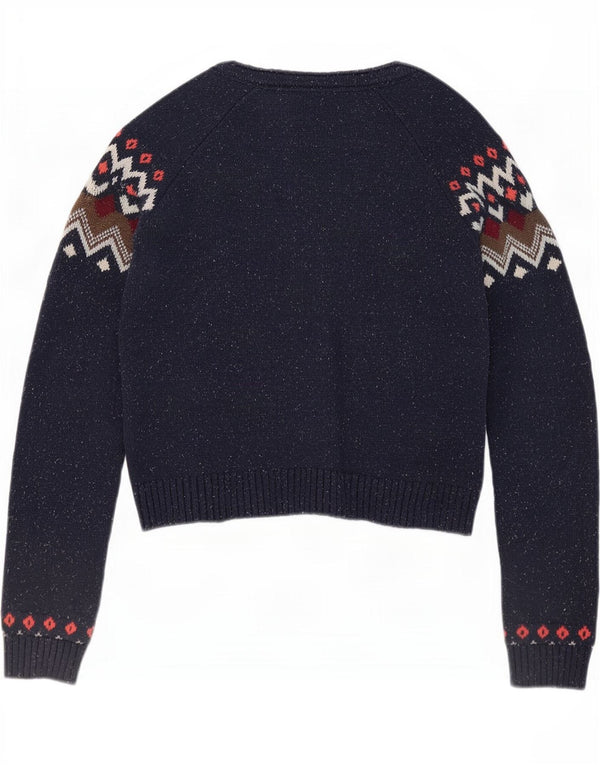 Suéter cardigã feminino Fat Face Reino Unido 12 médio azul marinho Fair Isle algodão