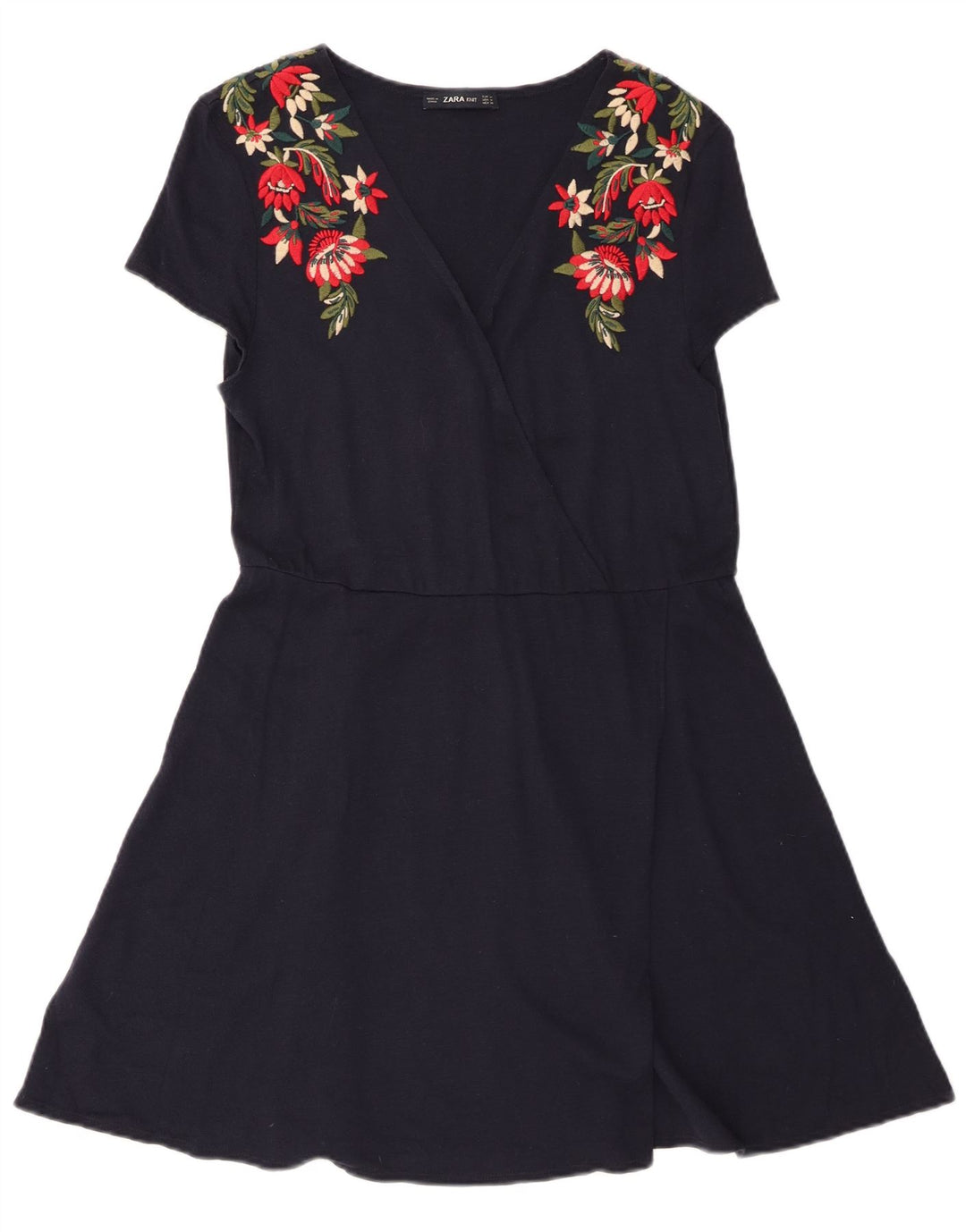 Vestido feminino Zara A-Line UK 12 médio azul marinho floral algodão