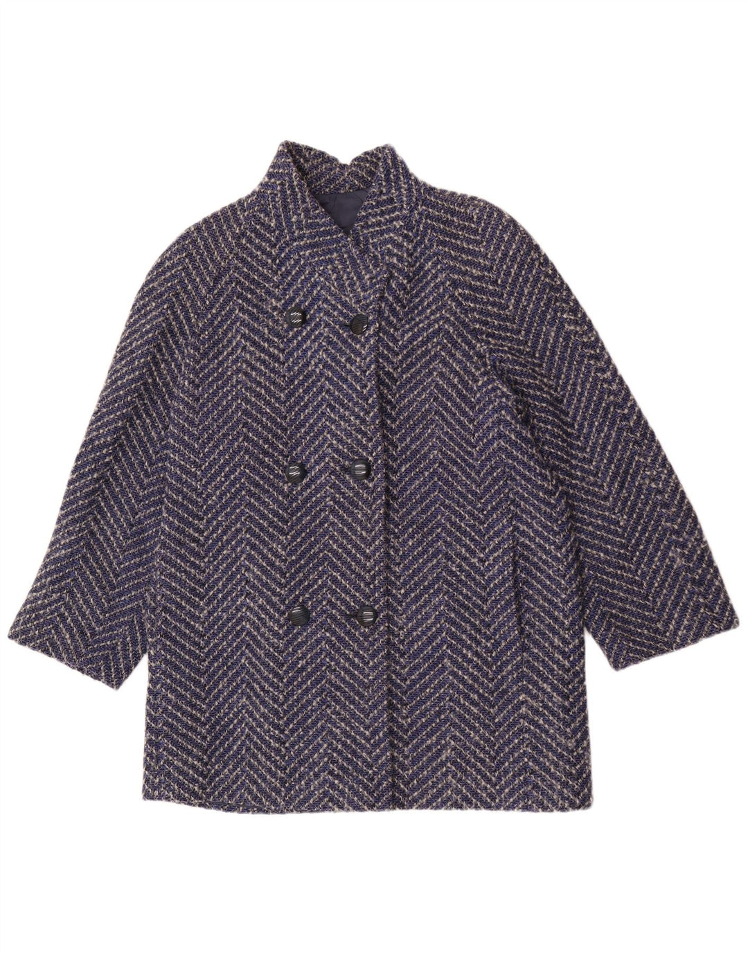 Casaco feminino vintage com peito duplo Reino Unido 14 grande lã Chevron azul marinho