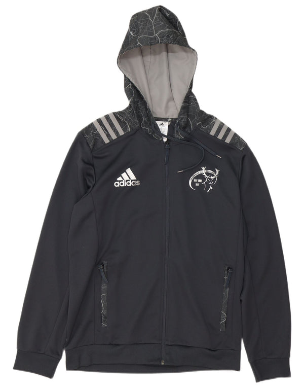 Suéter masculino Adidas Munster Rugby com capuz e zíper gráfico grande cinza poliéster