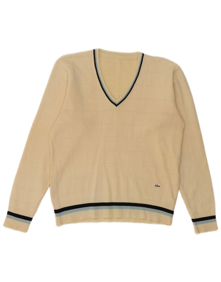 Suéter masculino vintage com decote em V Reino Unido 36 pequeno lã esbranquiçada